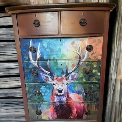 Close-up of the decoupage paper's textured surface featuring vibrant red and white "Buck Stops Here" text with visible fiber