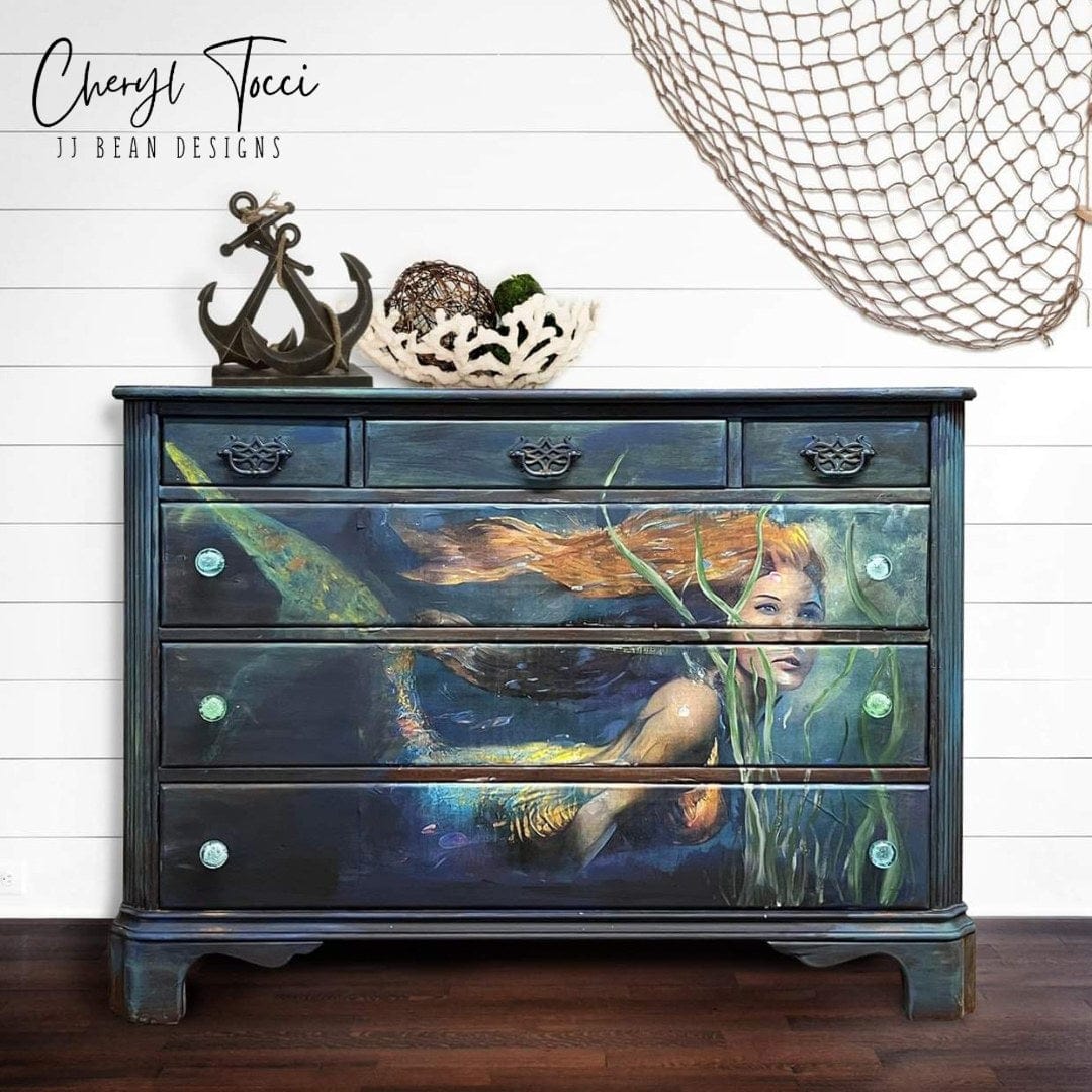Close-up of vibrant mermaid design, showing detailed shimmer and intricate ocean wave patterns on the decoupage tissue paper